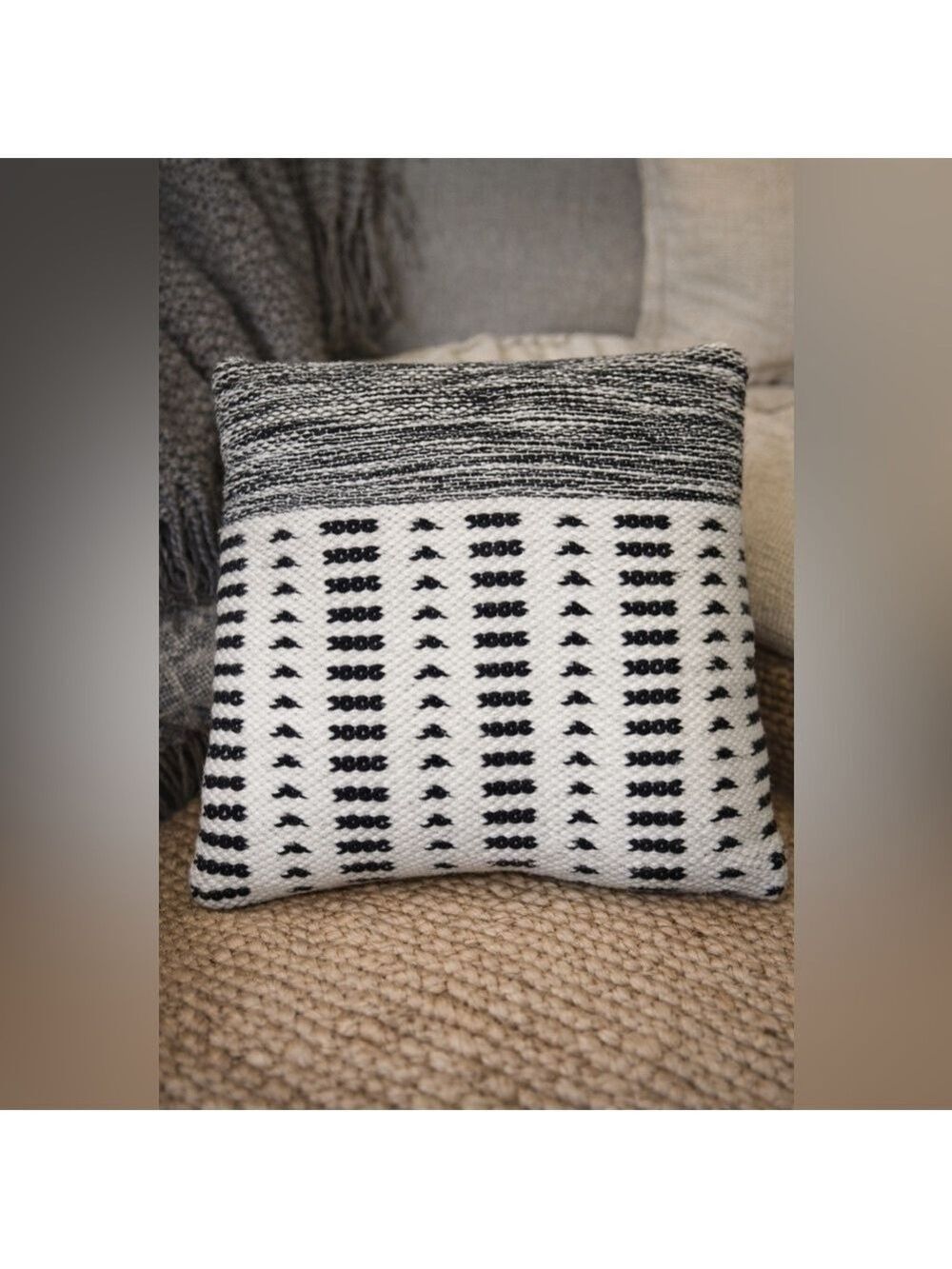 Boho Hand-Loomed Textured Pillow | Black & White | Minimalist Modern | 21x19